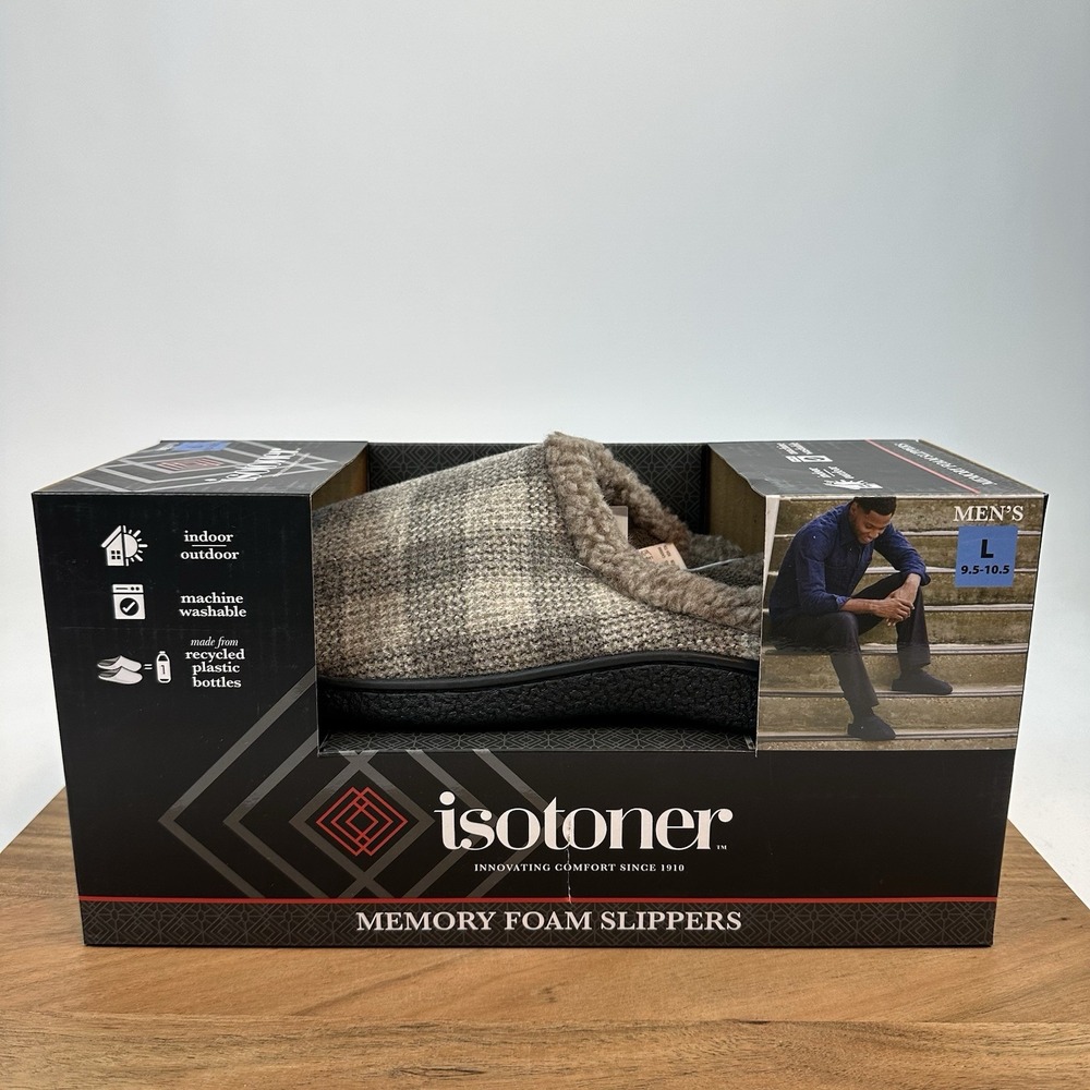 New NIB Mens Isotoner Memory Foam Slippers Smoky Taupe Size‎ L 9.5-10.5